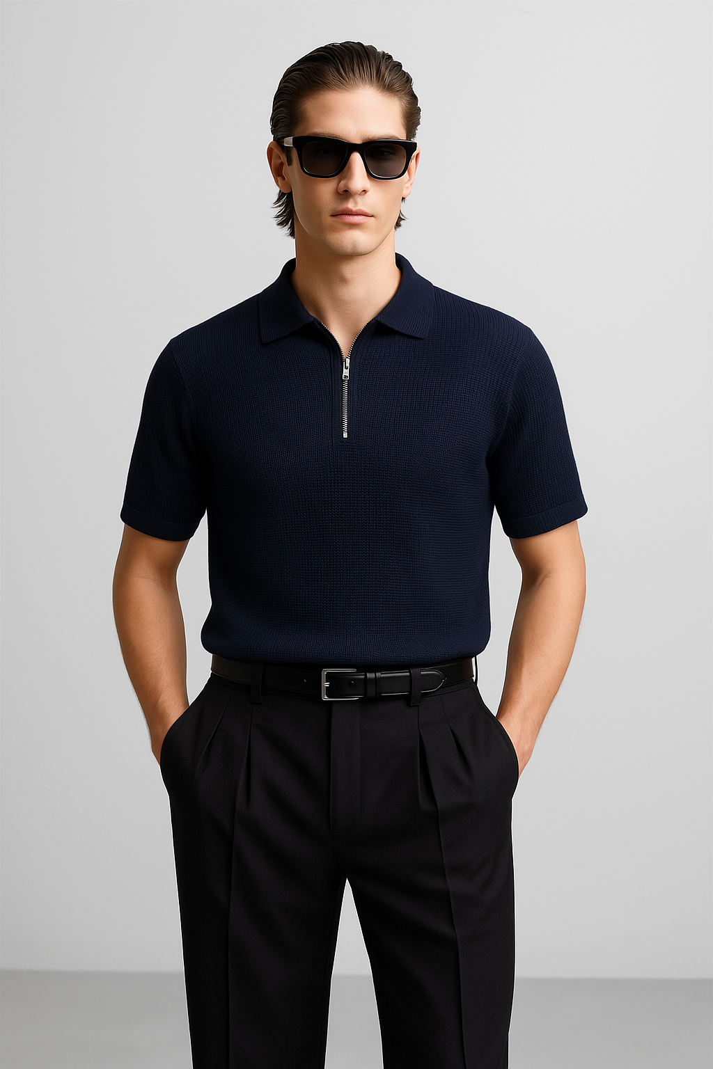 Italian Zipper Polo-Shirt navy luxury