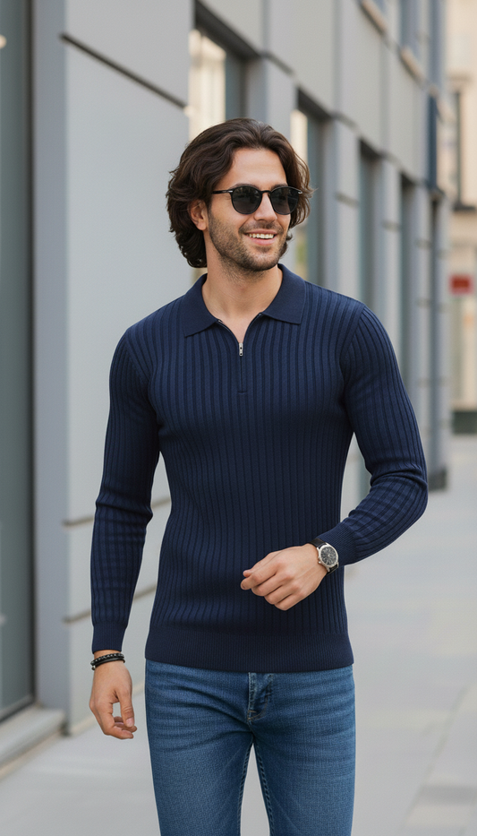 Navy blue Zipper Full Sleeve Old Money