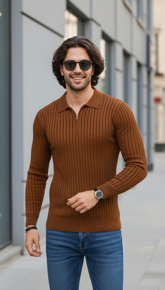 Toffee Brown Zipper Old Money Full Sleeve