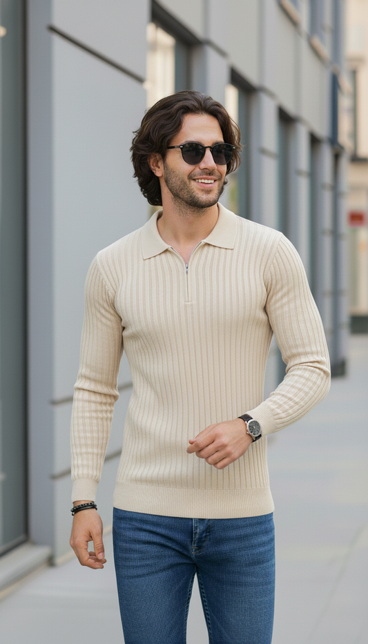 Sand-Cream Zipper Full Sleeve Old Money